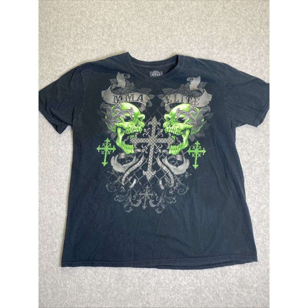VTG Y2K MMA Elite Skull T Shirt Mens XL Black Green Cross Cyber Grunge Tee